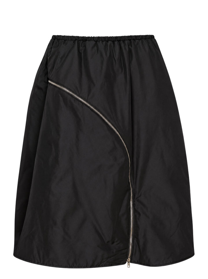Melitta Baumeister black A-line bomber skirt with elasticated waist and curved silver zip detail