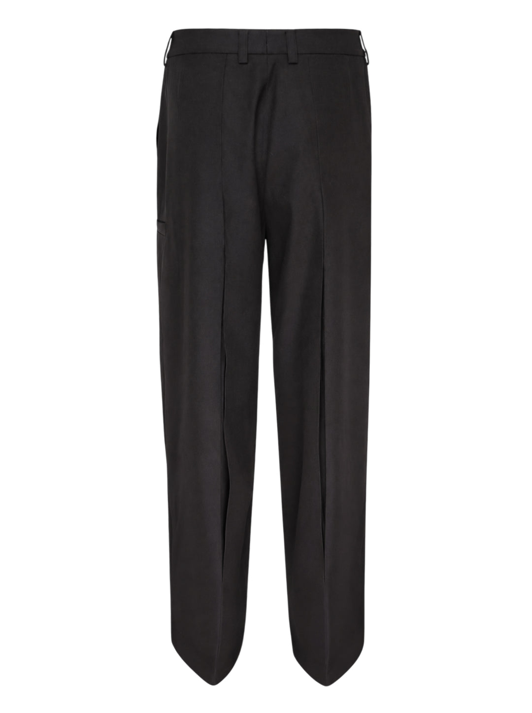 Melitta Baumeister Tailored Pointy Hem Pants in black, featuring raised front seam lines and a signature pointed hem extending at each leg, with a high-rise single-button waistband — front view on white background - view 2