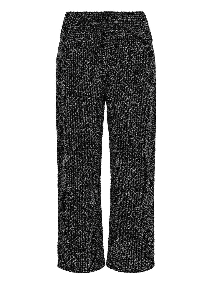 Melitta Baumeister cropped wide-leg pants in black and grey textured bouclé-effect denim, shown from the front