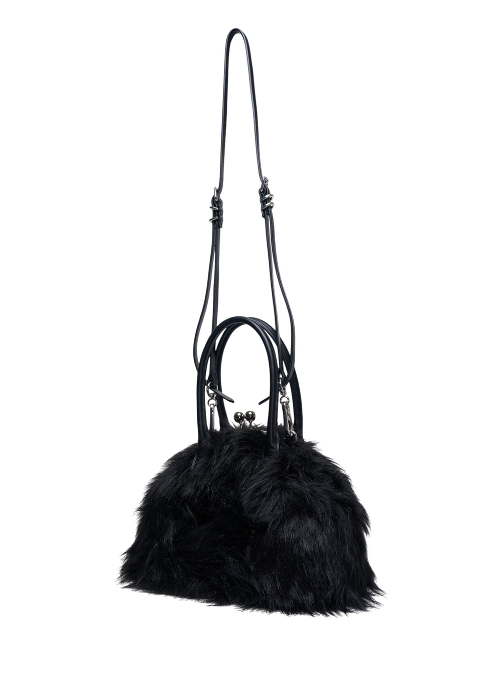 Melitta Baumeister Fluffy Clasp Bag in black long-pile faux fur with kiss-lock clasp, leather top handles, and adjustable crossbody strap - view 2
