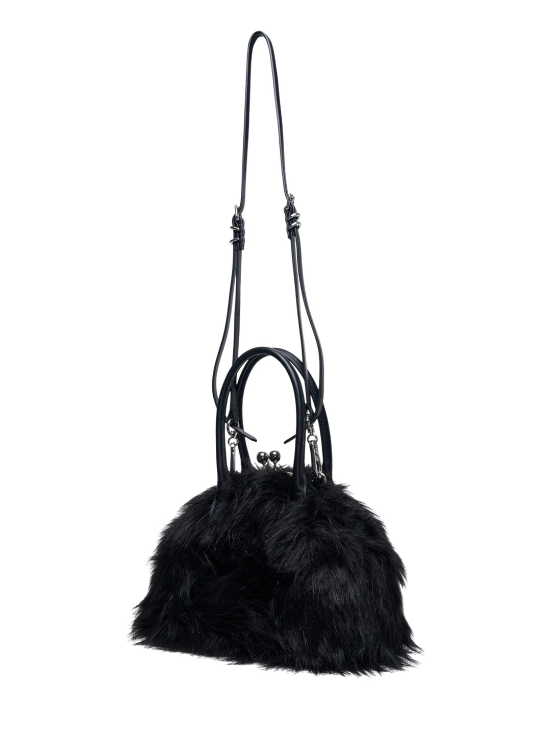 Melitta Baumeister Fluffy Clasp Bag in black long-pile faux fur with kiss-lock clasp, leather top handles, and adjustable crossbody strap - view 2