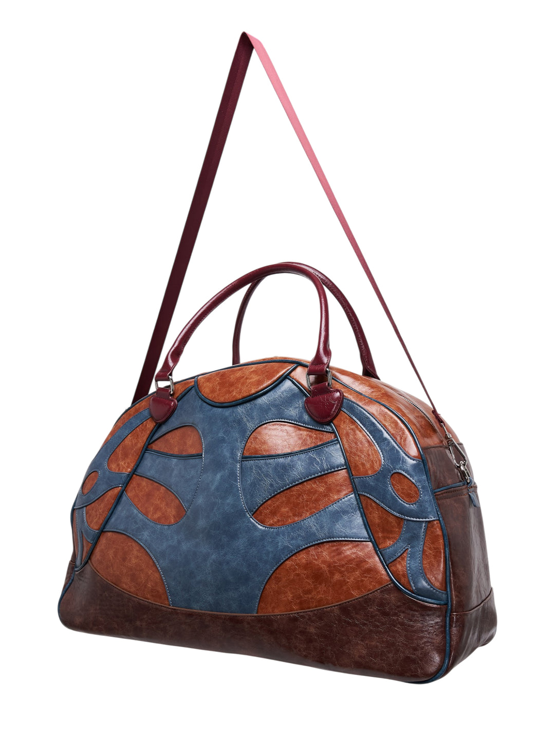 KidSuper Studios bowling bag in blue and tan patchwork faux leather with burgundy top handle and shoulder strap - view 2
