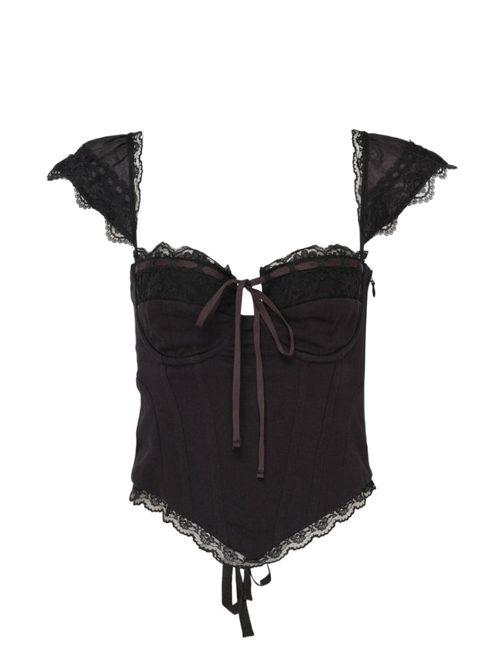 Glowny Powder Corset Top in deep plum with black lace ruffled cap sleeves, lace bust panel, satin ribbon bow tie, boning panels and scalloped lace hem, displayed on a white background