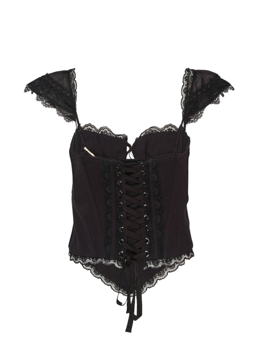 Glowny Powder Corset Top in deep plum with black lace ruffled cap sleeves, lace bust panel, satin ribbon bow tie, boning panels and scalloped lace hem, displayed on a white background - view 2