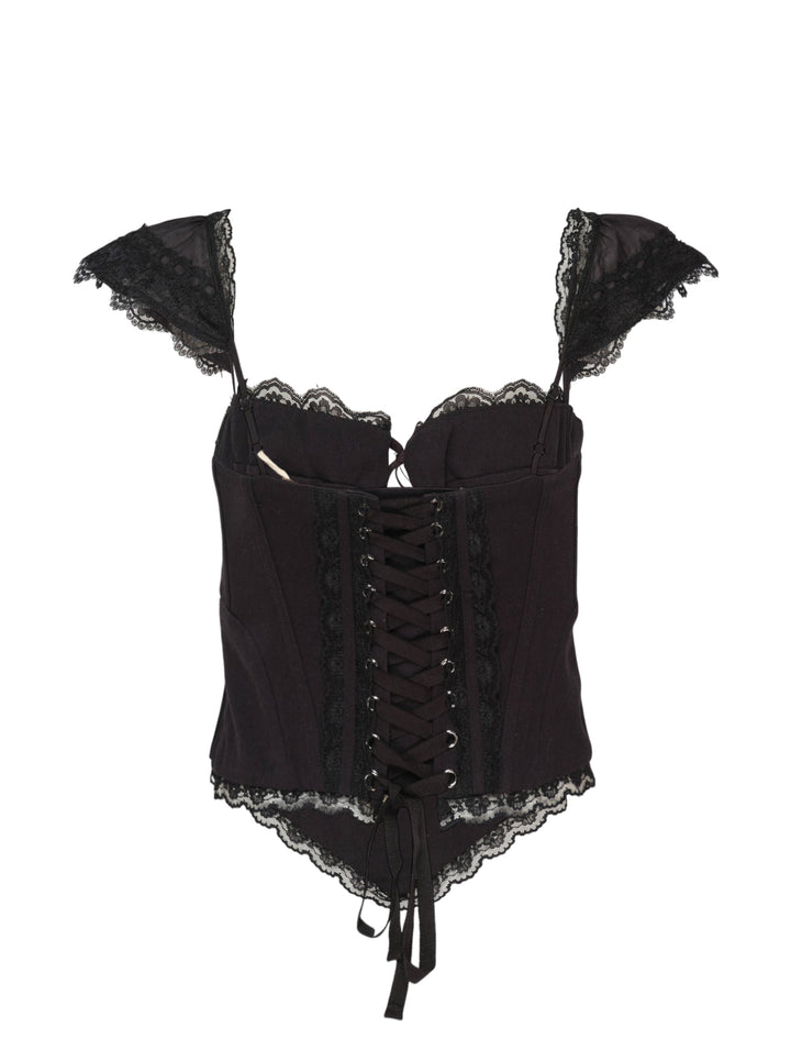 Glowny Powder Corset Top in deep plum with black lace ruffled cap sleeves, lace bust panel, satin ribbon bow tie, boning panels and scalloped lace hem, displayed on a white background - view 2