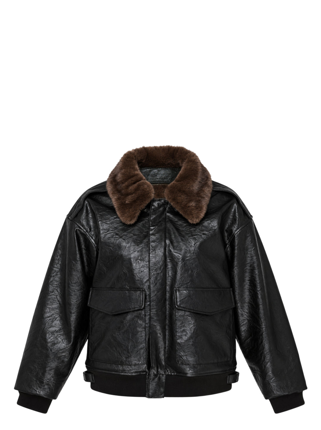 Glowny black crinkled leather aviator jacket with brown faux-fur collar, front flap pockets and ribbed cuffs and hem