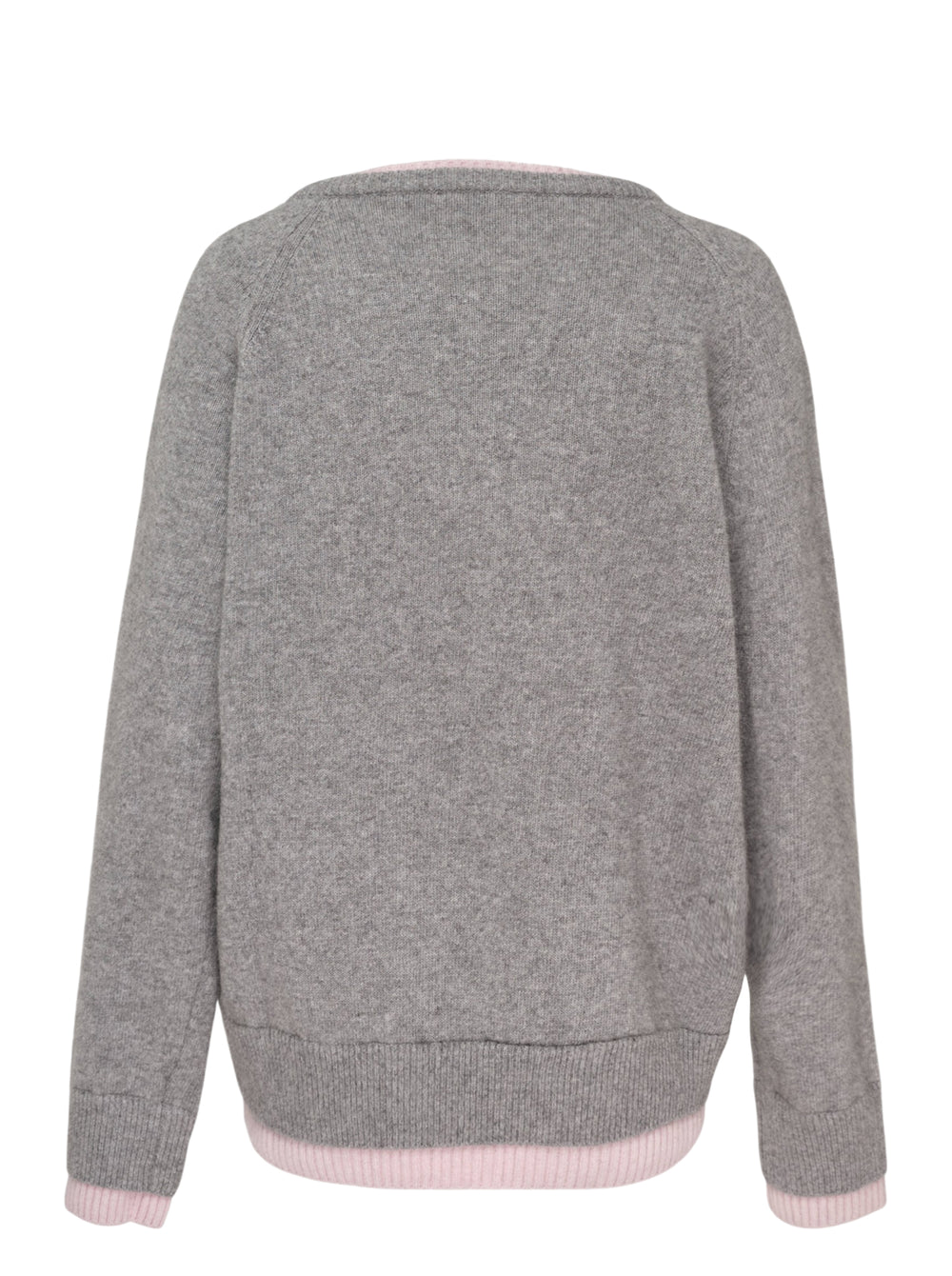 Glowny Raccoon Hazy Layered V-Neck Sweater in heather grey with blush pink contrast trim at the neckline, hem, and cuffs, displayed on a white background - view 2