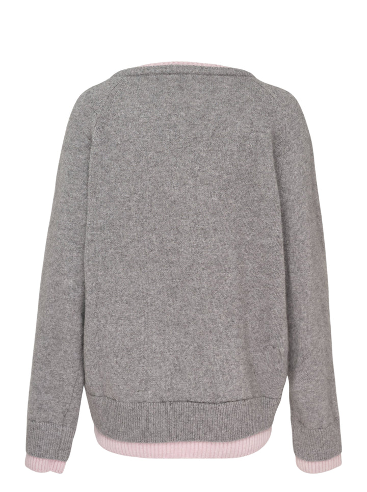 Glowny Raccoon Hazy Layered V-Neck Sweater in heather grey with blush pink contrast trim at the neckline, hem, and cuffs, displayed on a white background - view 2