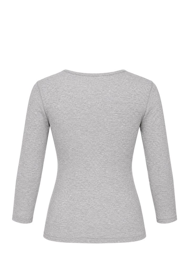Glowny Off Duty Girl heather grey V-neck three-quarter sleeve tee with a comic-strip graphic print featuring a pink face mask, a bowl of berries, spectacles, and the text 'SHOULDN'T there be a lipstick named after ME?' - view 2