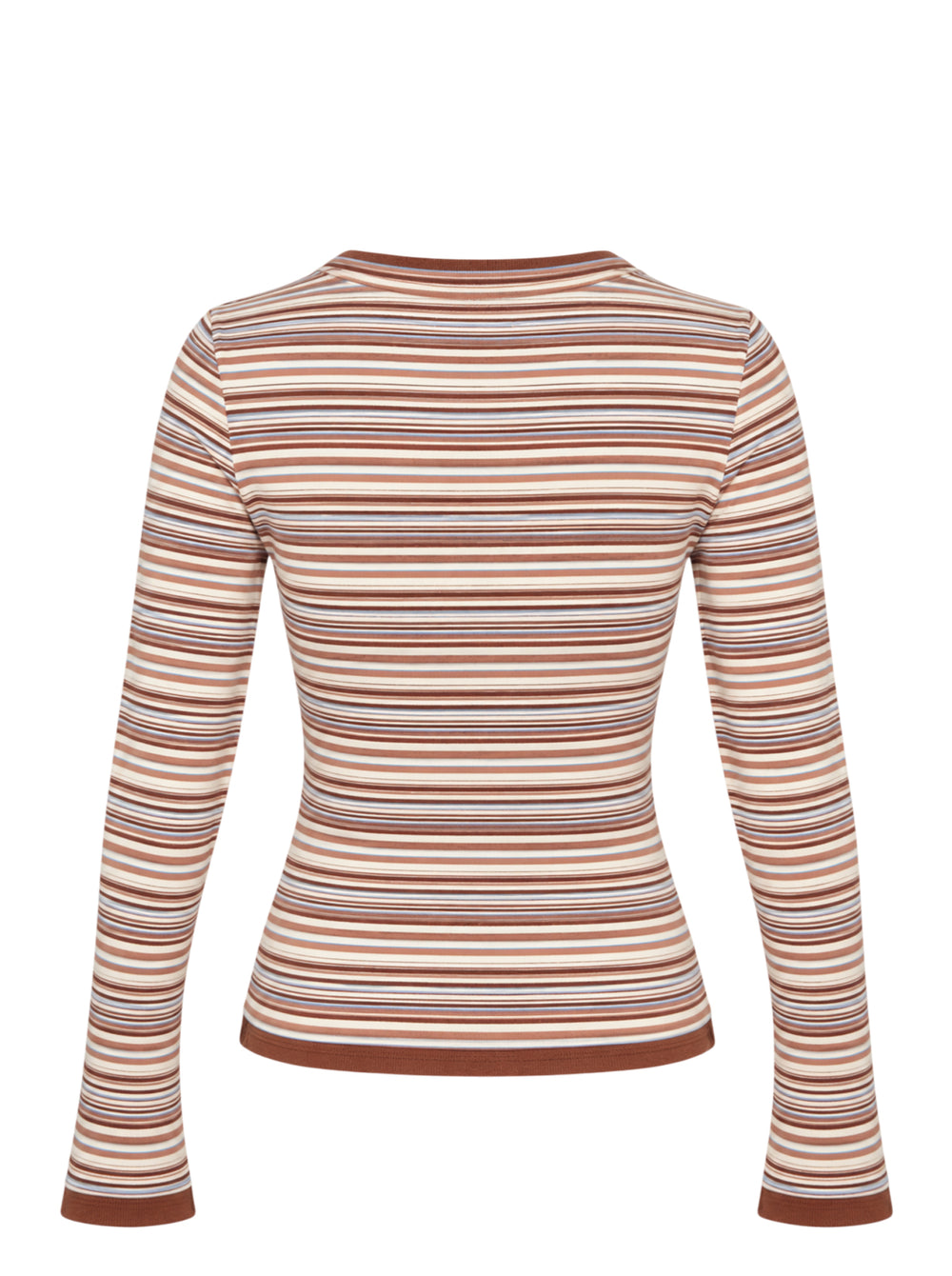 Glowny Roan Layered Long Sleeve Tee in multicolour horizontal stripe ribbed knit with button placket, flared cuffs, and contrast brown trim at neckline and hem - view 2