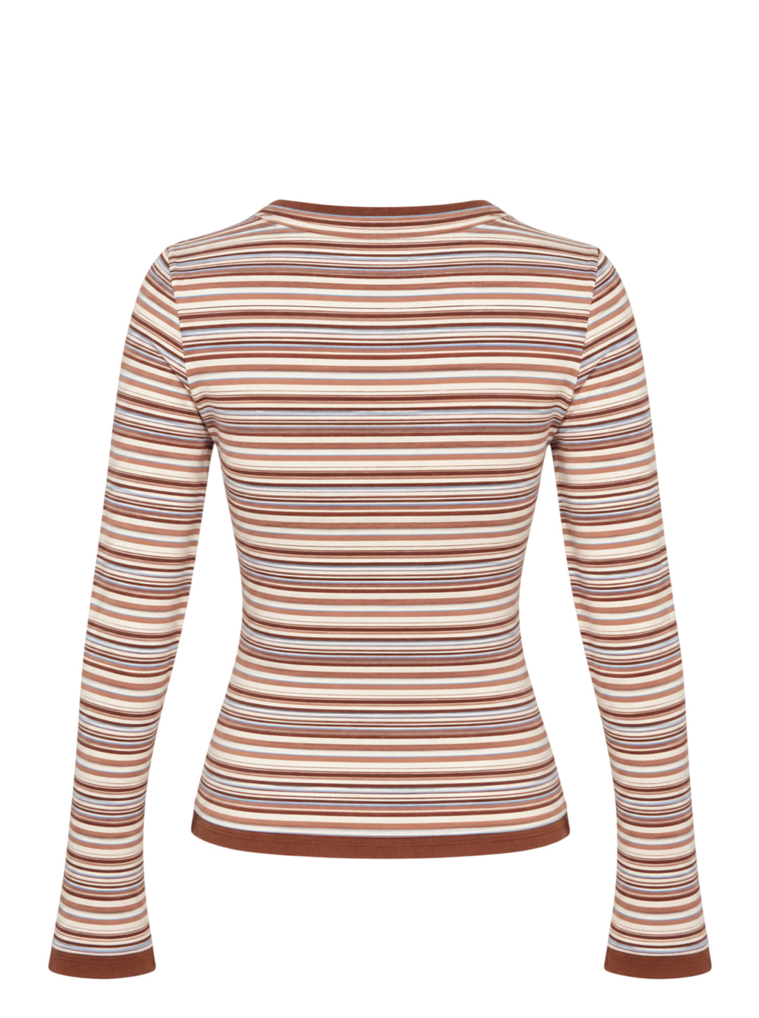 Glowny Roan Layered Long Sleeve Tee in multicolour horizontal stripe ribbed knit with button placket, flared cuffs, and contrast brown trim at neckline and hem - view 2