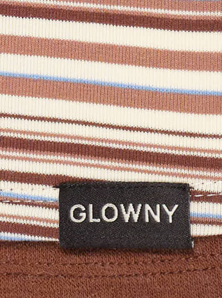 Glowny Roan Layered Long Sleeve Tee in multicolour horizontal stripe ribbed knit with button placket, flared cuffs, and contrast brown trim at neckline and hem - view 4
