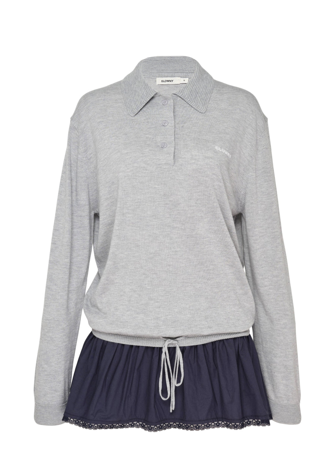 Glowny Nest Polo Mini Dress in grey marl knit with a ribbed polo collar, three-button placket, drawstring waist, and a navy pleated skirt panel with lace hem trim