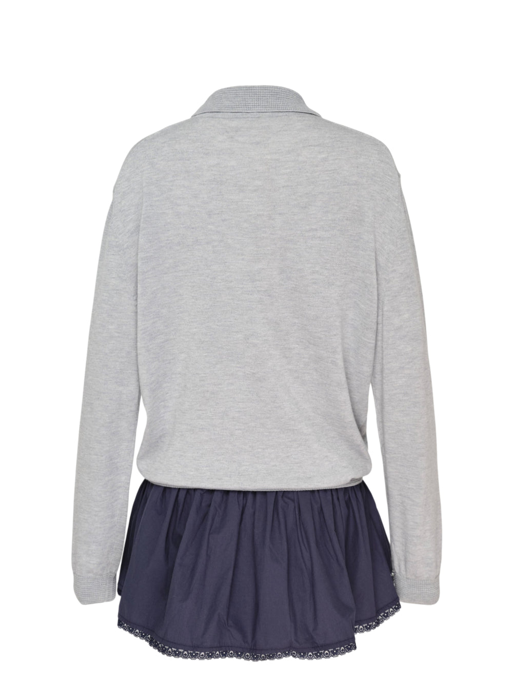 Glowny Nest Polo Mini Dress in grey marl knit with a ribbed polo collar, three-button placket, drawstring waist, and a navy pleated skirt panel with lace hem trim - view 2