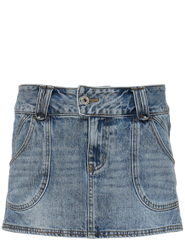 Glowny Curvy Denim Mini Skirt in acid-washed blue denim with belt loops, curved patch pockets and a metal button closure