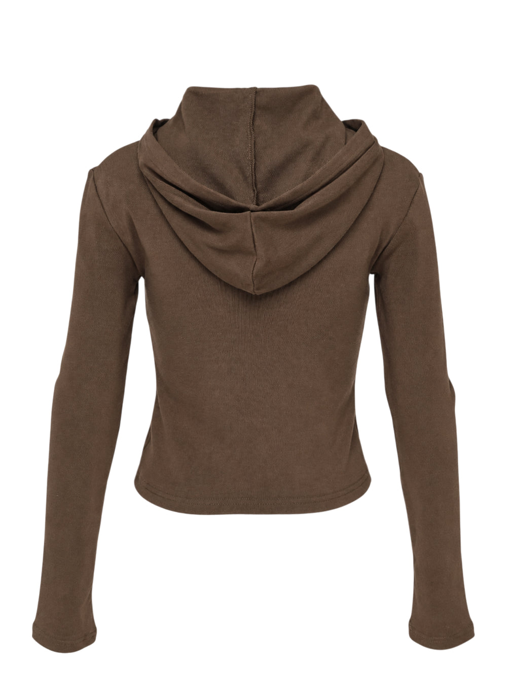 Glowny Comfort Cropped Hoodie in chocolate brown, featuring a fitted silhouette, draped hood, kangaroo pocket with woven brand patch, and long slim sleeves - view 2