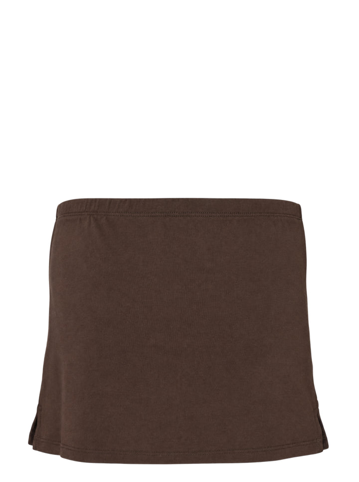 Glowny Classic Mini Skirt in dark espresso brown jersey with a low-rise waistband, A-line silhouette, and woven Glowny label at the hem - view 2