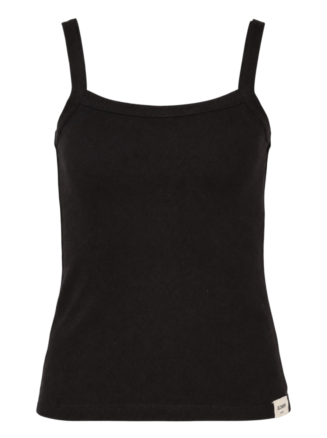 Glowny Classic Tank Top in black, featuring a square neckline, thin straight straps, fitted silhouette, and a woven Glowny label at the hem, photographed flat on a white background