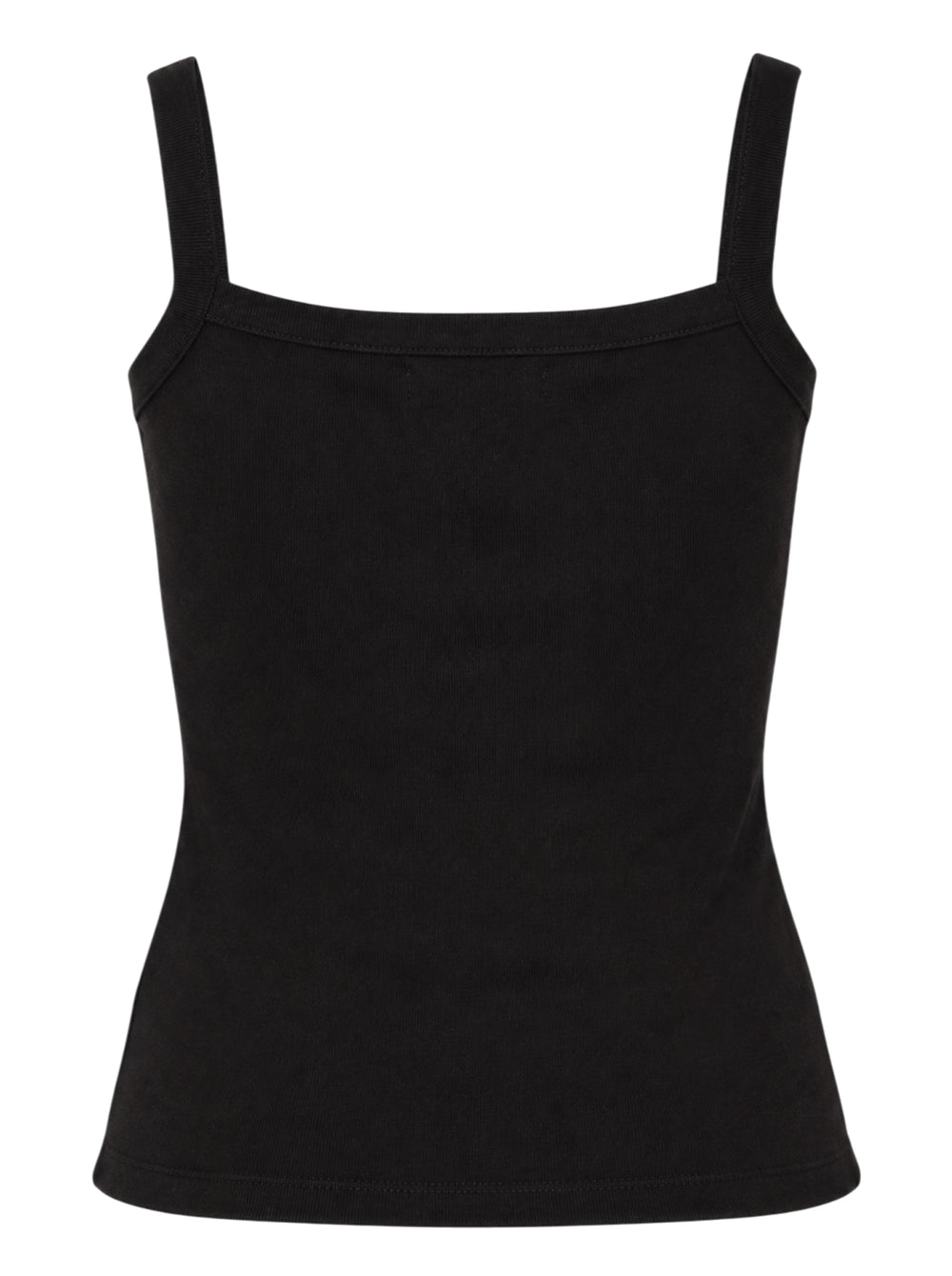 Glowny Classic Tank Top in black, featuring a square neckline, thin straight straps, fitted silhouette, and a woven Glowny label at the hem, photographed flat on a white background - view 2