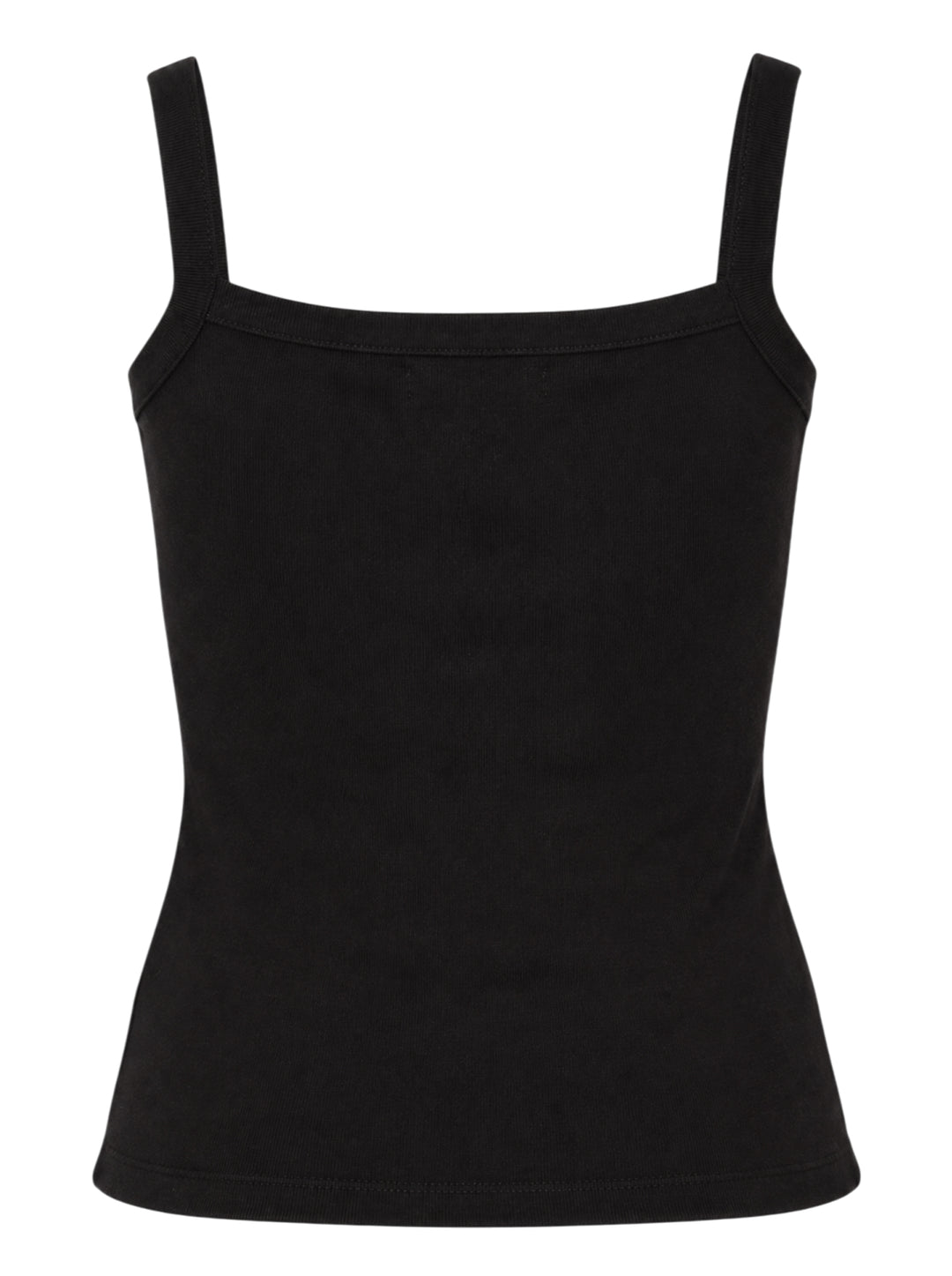 Glowny Classic Tank Top in black, featuring a square neckline, thin straight straps, fitted silhouette, and a woven Glowny label at the hem, photographed flat on a white background - view 2