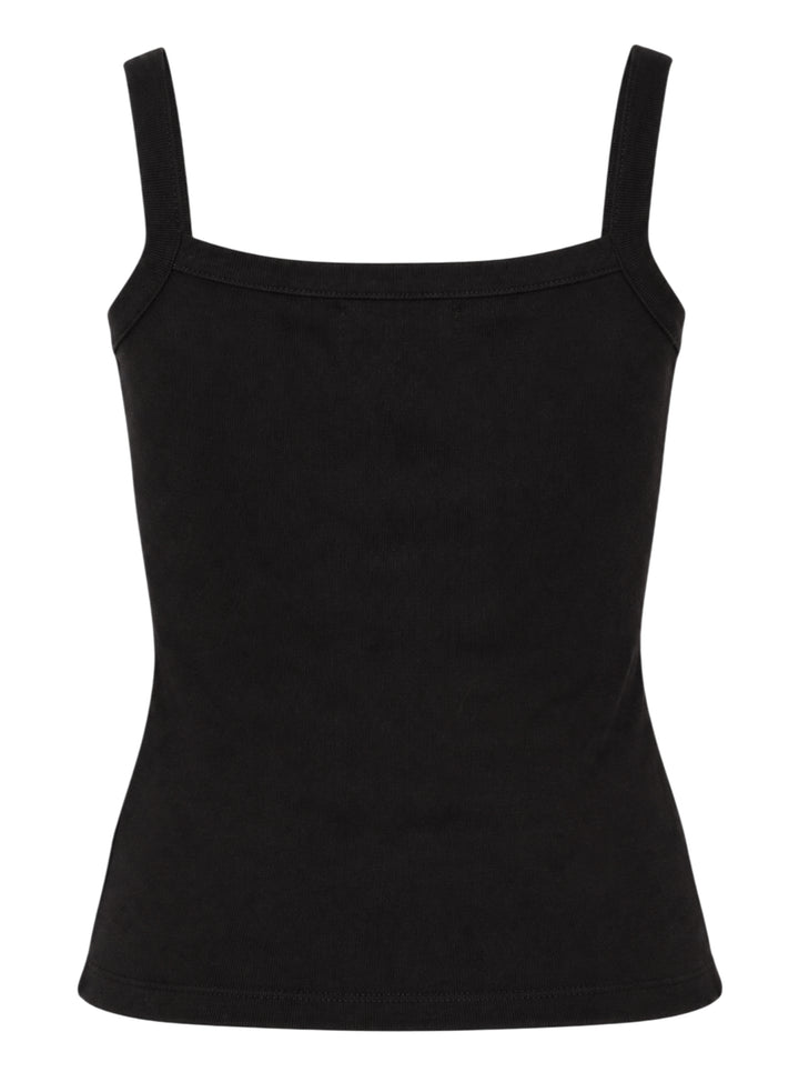 Glowny Classic Tank Top in black, featuring a square neckline, thin straight straps, fitted silhouette, and a woven Glowny label at the hem, photographed flat on a white background - view 2