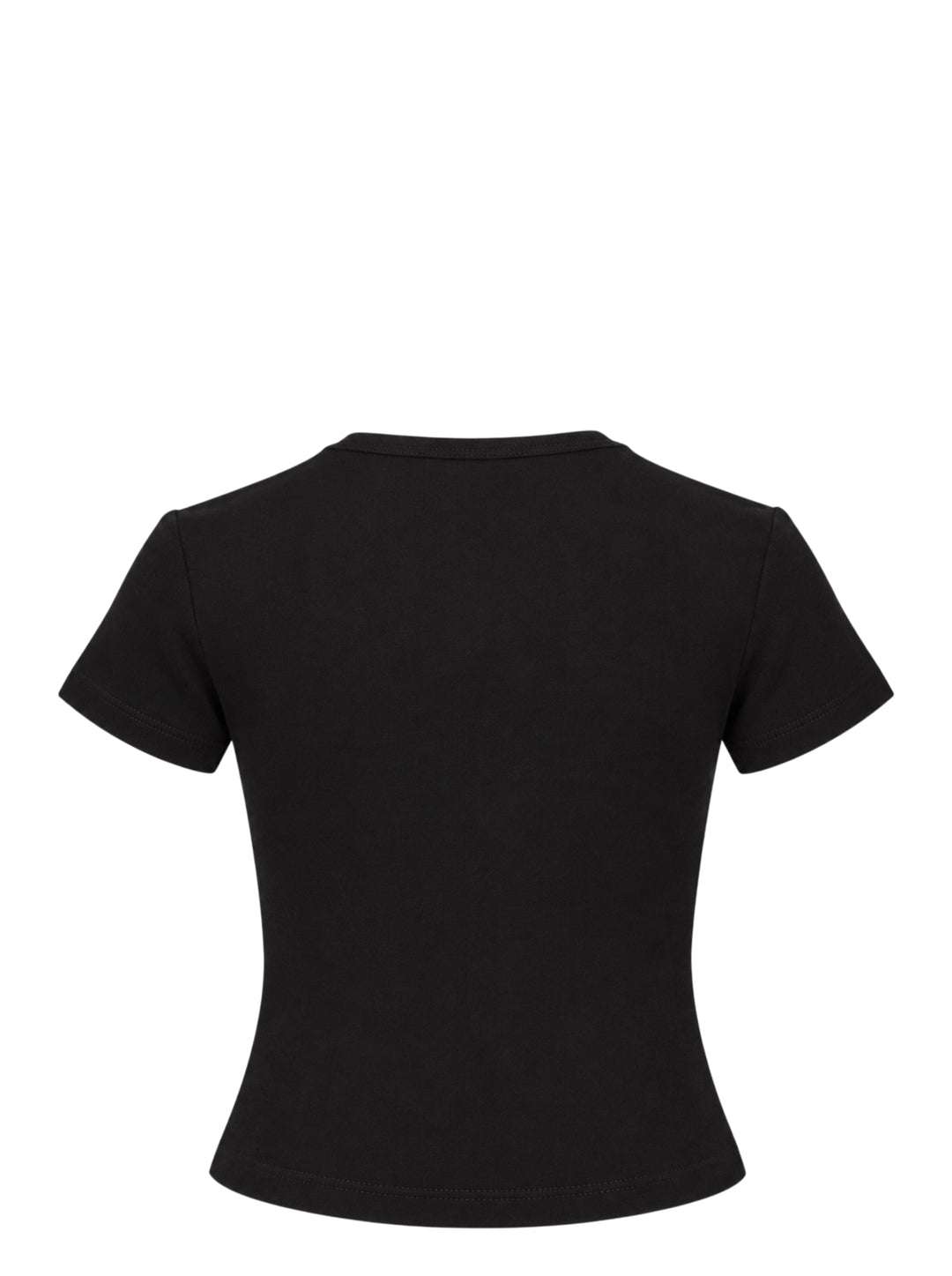 Glowny Classic Baby Tee in black — slim-fit cropped silhouette with a ribbed crew neck, short sleeves, and a woven Glowny label at the hem - view 2