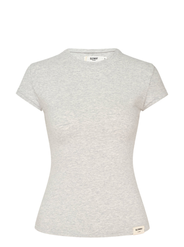 Glowny Slim Short Sleeve Tee in light grey marl, featuring a crew neckline, cap sleeves, and a fitted silhouette with a woven brand label at the hem