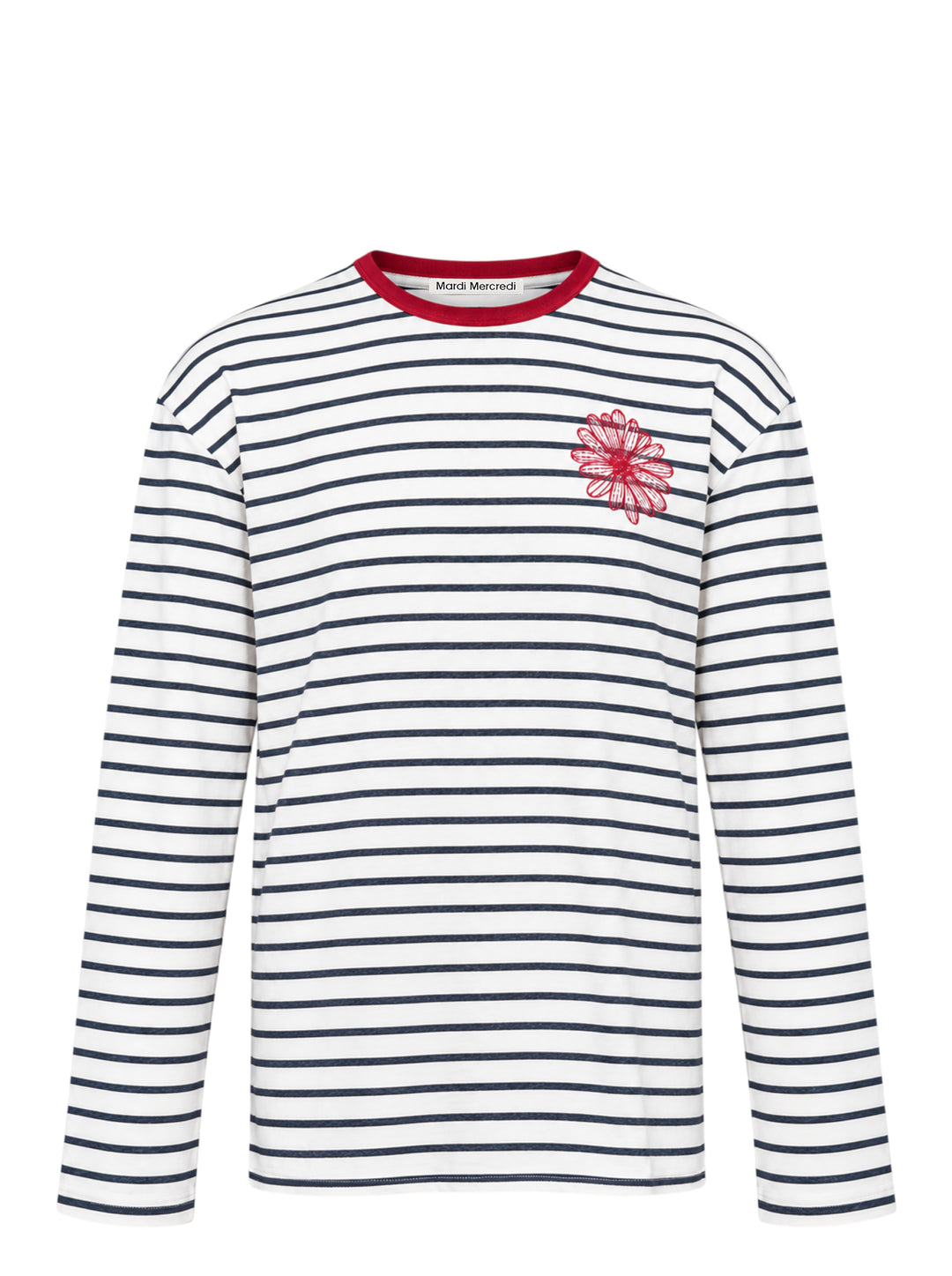 Mardi Mercredi navy and white striped slub cotton long sleeve tee with a red ribbed collar and embroidered red flower at the chest