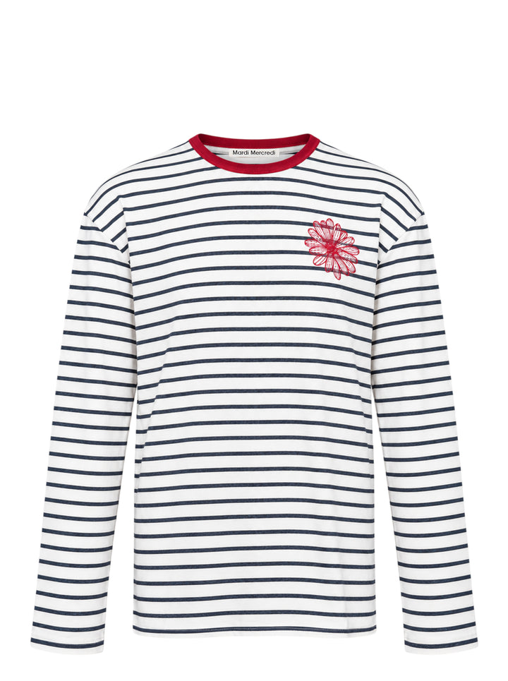 Mardi Mercredi navy and white striped slub cotton long sleeve tee with a red ribbed collar and embroidered red flower at the chest