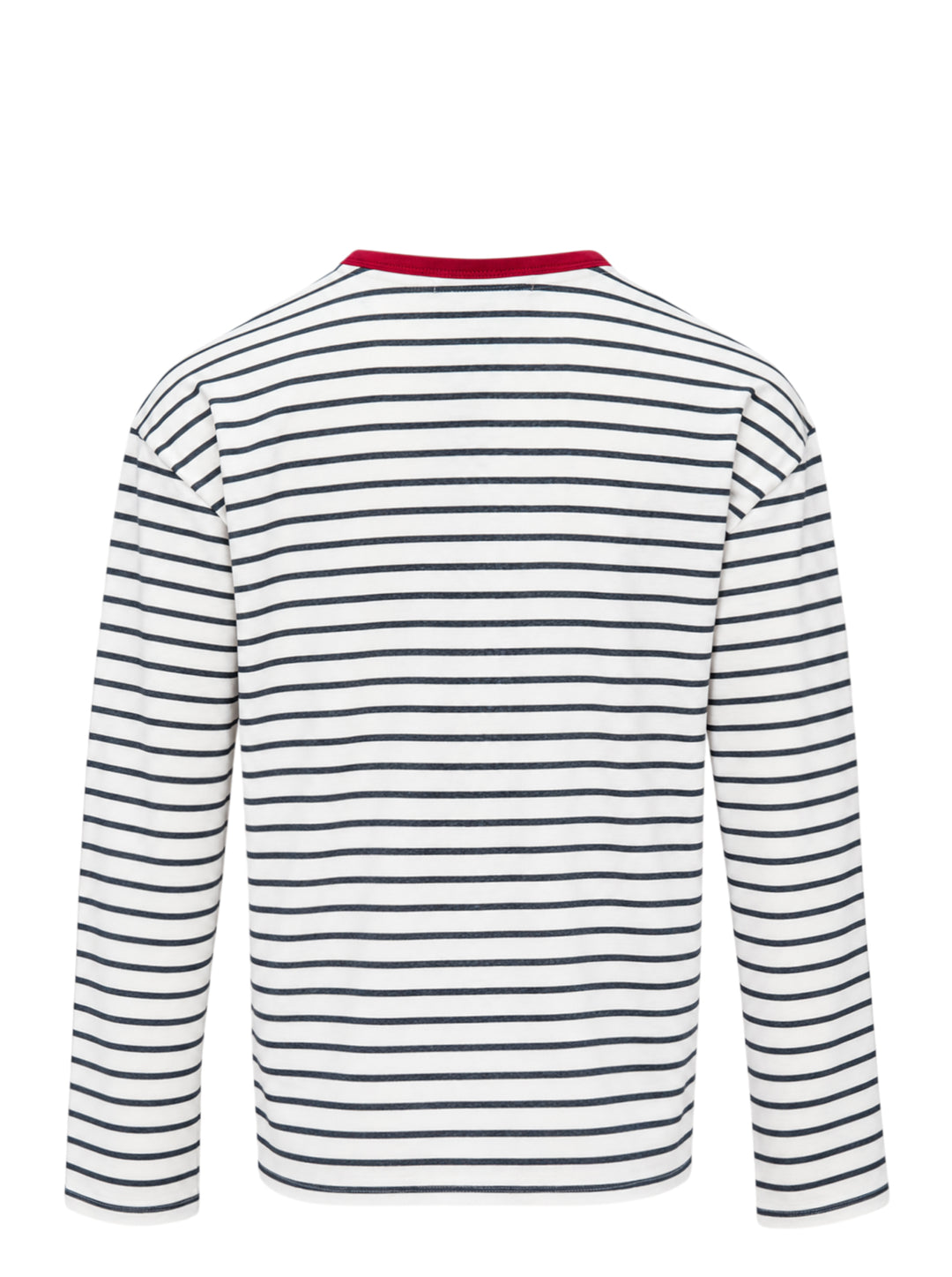 Mardi Mercredi navy and white striped slub cotton long sleeve tee with a red ribbed collar and embroidered red flower at the chest - view 2