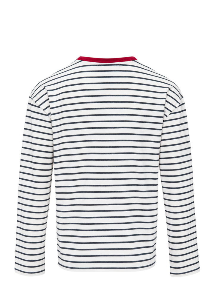 Mardi Mercredi navy and white striped slub cotton long sleeve tee with a red ribbed collar and embroidered red flower at the chest - view 2