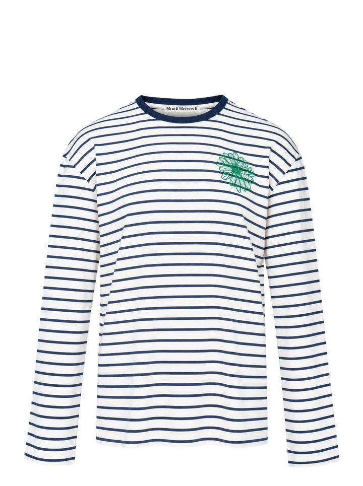 Mardi Mercredi long sleeve tee in white with navy horizontal stripes, a navy ribbed crew neck and an embroidered green flower at the chest