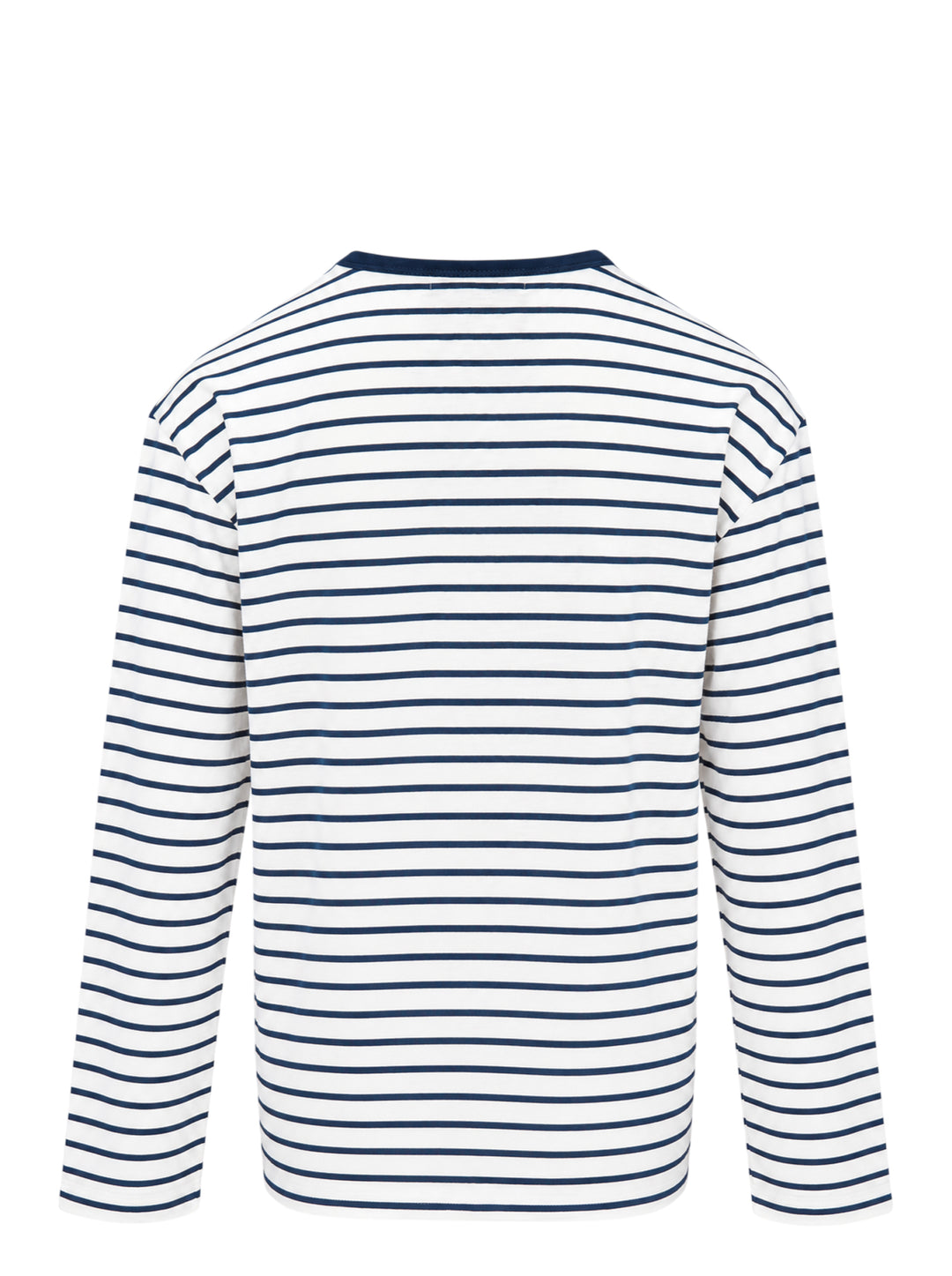 Mardi Mercredi long sleeve tee in white with navy horizontal stripes, a navy ribbed crew neck and an embroidered green flower at the chest - view 2