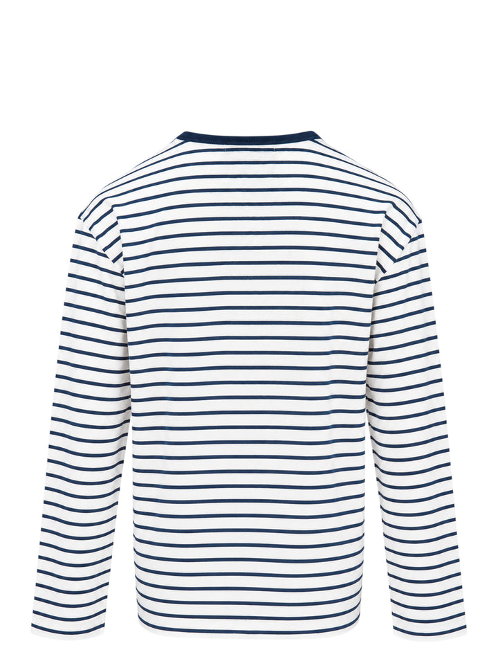 Mardi Mercredi long sleeve tee in white with navy horizontal stripes, a navy ribbed crew neck and an embroidered green flower at the chest - view 2