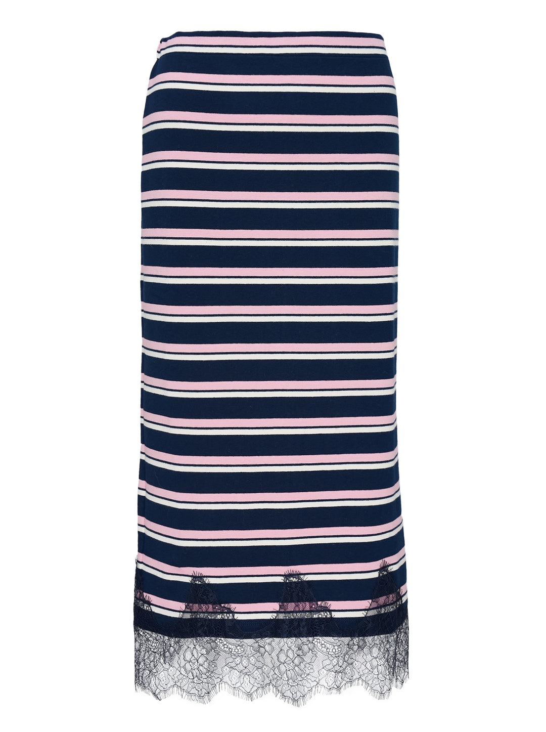 Mardi Mercredi maxi skirt with navy, pink and white horizontal stripes and a scalloped navy lace hem