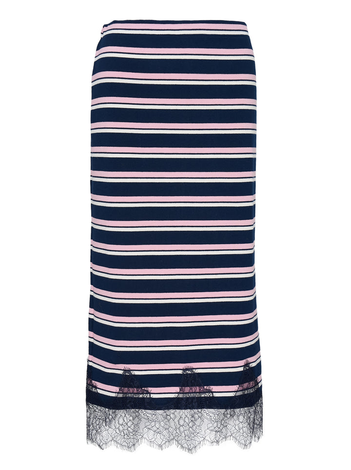 Mardi Mercredi maxi skirt with navy, pink and white horizontal stripes and a scalloped navy lace hem