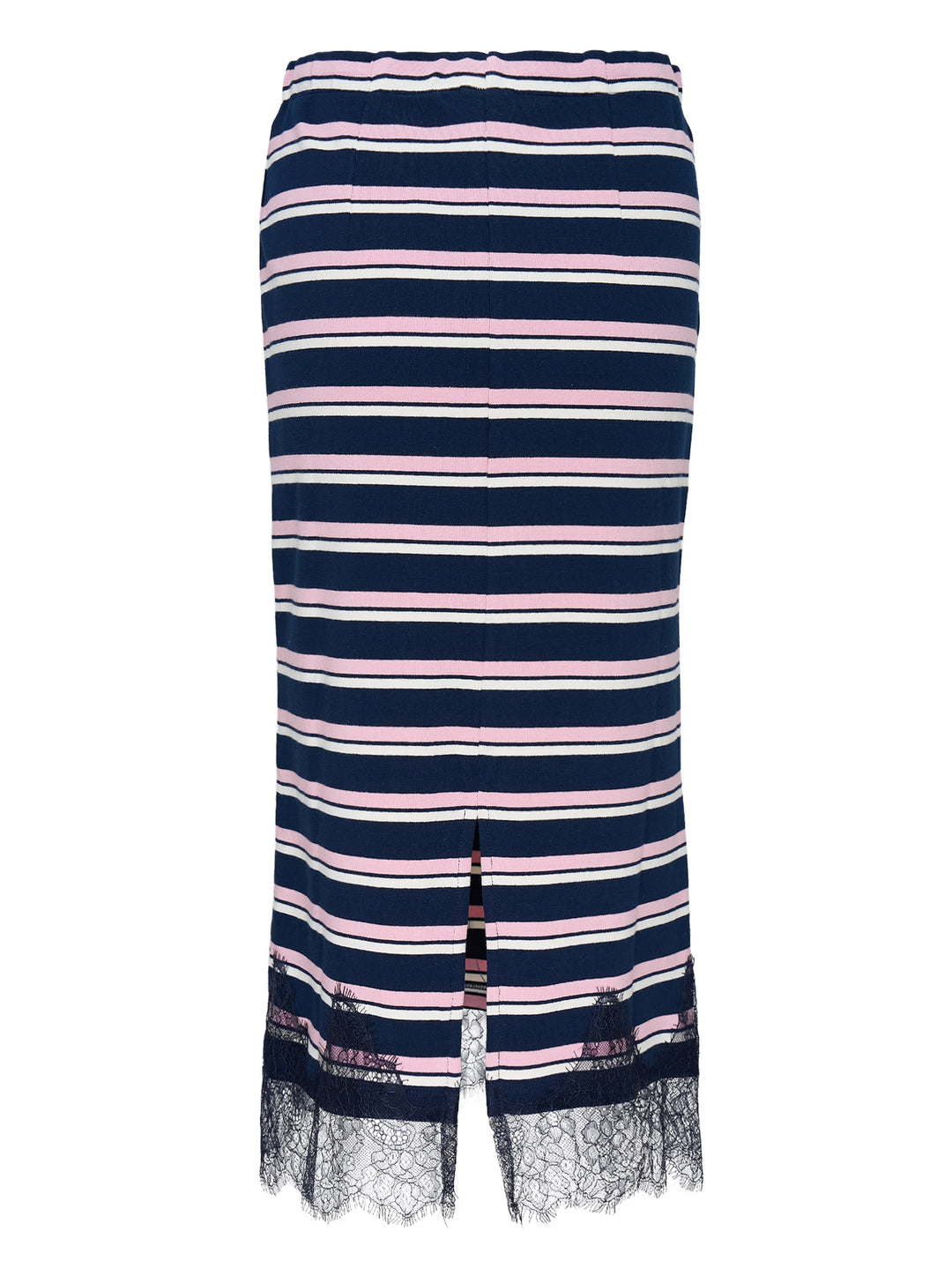 Mardi Mercredi maxi skirt with navy, pink and white horizontal stripes and a scalloped navy lace hem - view 2