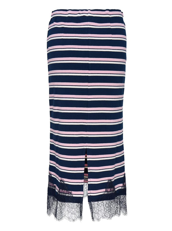Mardi Mercredi maxi skirt with navy, pink and white horizontal stripes and a scalloped navy lace hem - view 2