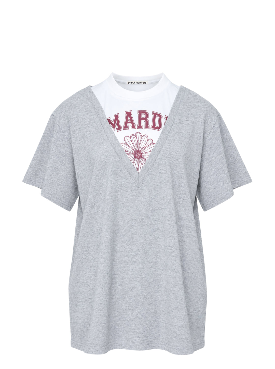 Mardi Mercredi oversized heather grey layered V-neck tee with white under-layer and burgundy varsity daisy graphic