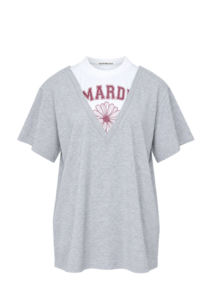 Mardi Mercredi oversized heather grey layered V-neck tee with white under-layer and burgundy varsity daisy graphic