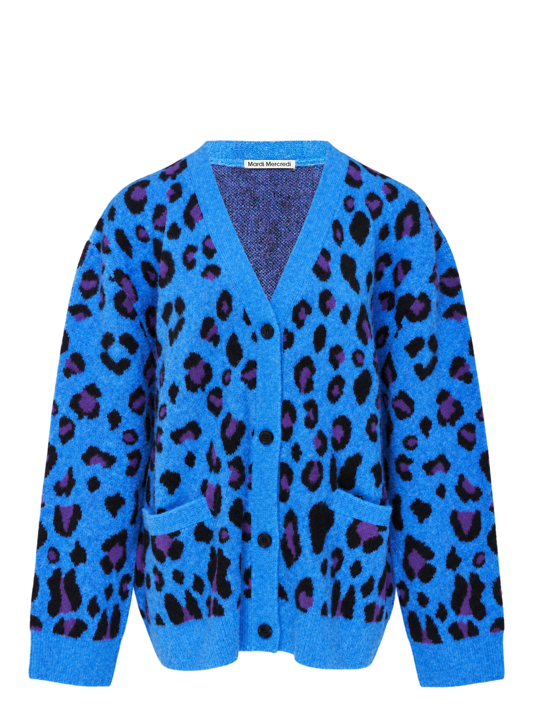 Mardi Mercredi oversized blue wool blend cardigan with black and purple leopard jacquard pattern, V-neck, button front, and patch pockets
