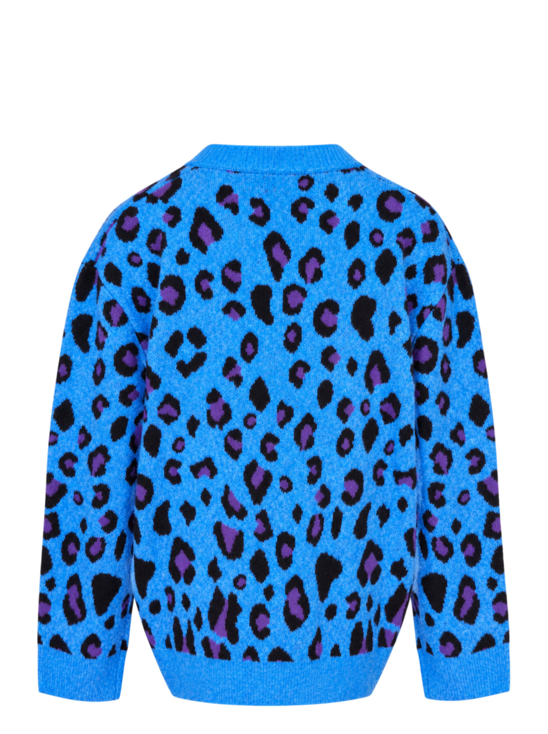 Mardi Mercredi oversized blue wool blend cardigan with black and purple leopard jacquard pattern, V-neck, button front, and patch pockets - view 2