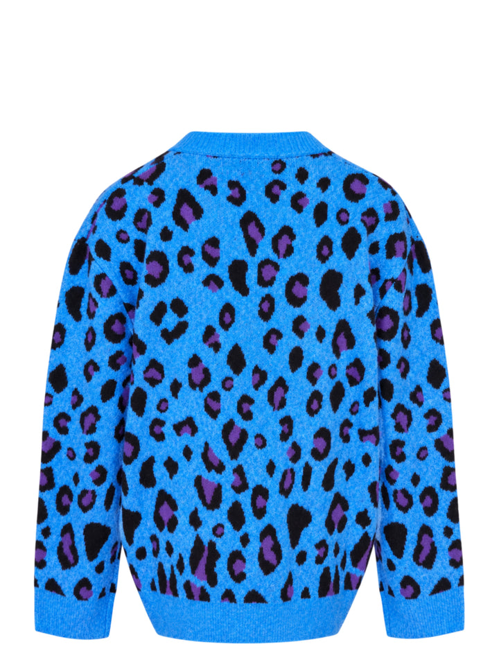 Mardi Mercredi oversized blue wool blend cardigan with black and purple leopard jacquard pattern, V-neck, button front, and patch pockets - view 2
