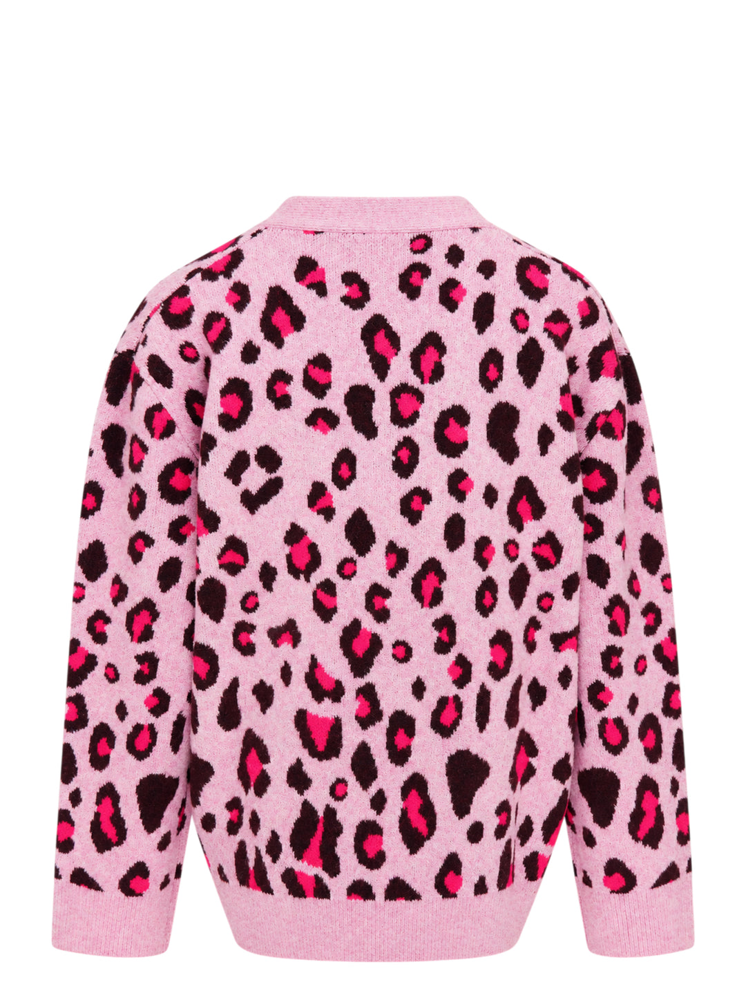 Mardi Mercredi pink wool blend cardigan with fuchsia and dark brown leopard jacquard pattern, V-neck, black buttons and patch pockets - view 2