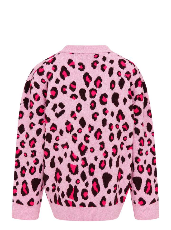 Mardi Mercredi pink wool blend cardigan with fuchsia and dark brown leopard jacquard pattern, V-neck, black buttons and patch pockets - view 2