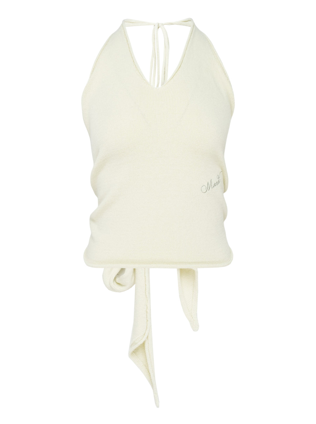 Mardi Mercredi cream cashmere wool blend halter neck top with V-neckline, tie-back closure and embroidered logo at the waist