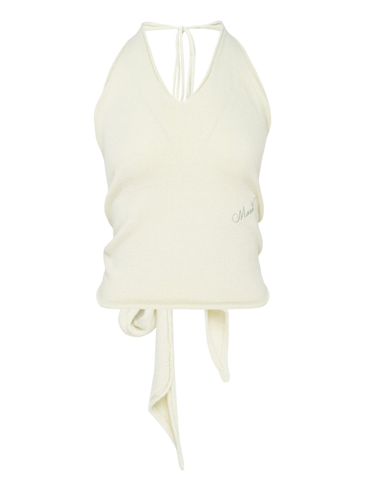 Mardi Mercredi cream cashmere wool blend halter neck top with V-neckline, tie-back closure and embroidered logo at the waist