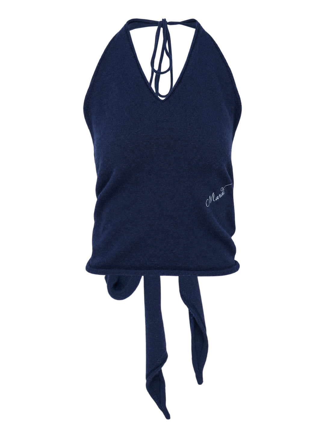 Mardi Mercredi navy cashmere wool blend halter top with V-neckline, tie-back fastening and white script logo embroidery