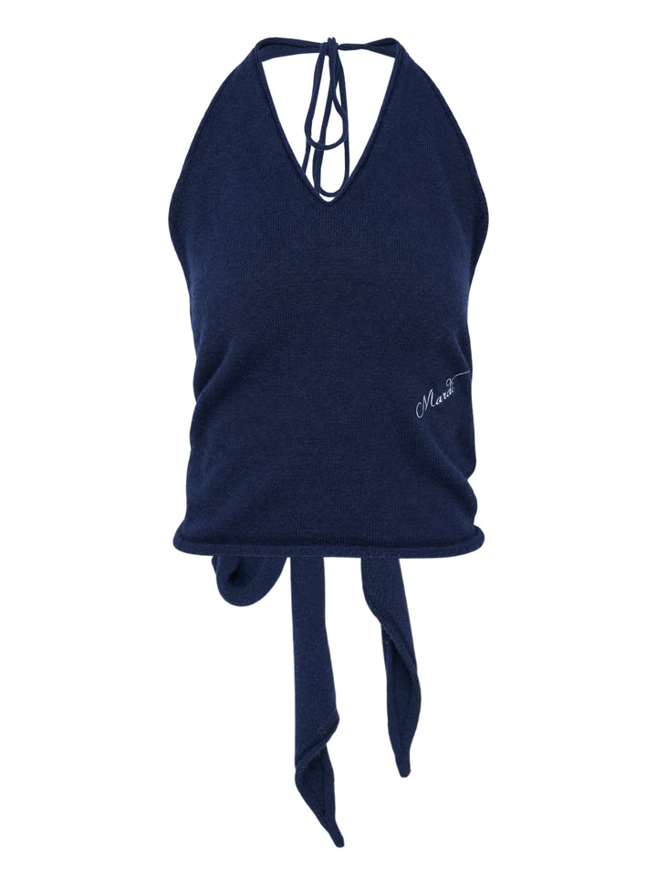 Mardi Mercredi navy cashmere wool blend halter top with V-neckline, tie-back fastening and white script logo embroidery