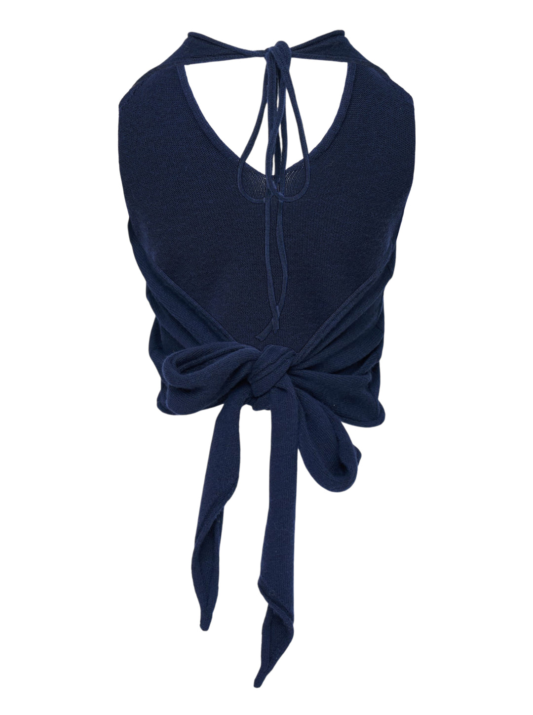 Mardi Mercredi navy cashmere wool blend halter top with V-neckline, tie-back fastening and white script logo embroidery - view 2